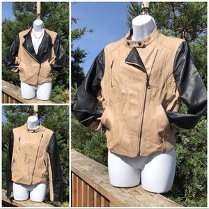 VINTAGE LATTE BLACK MOTO FAUX LEATHER JACKET